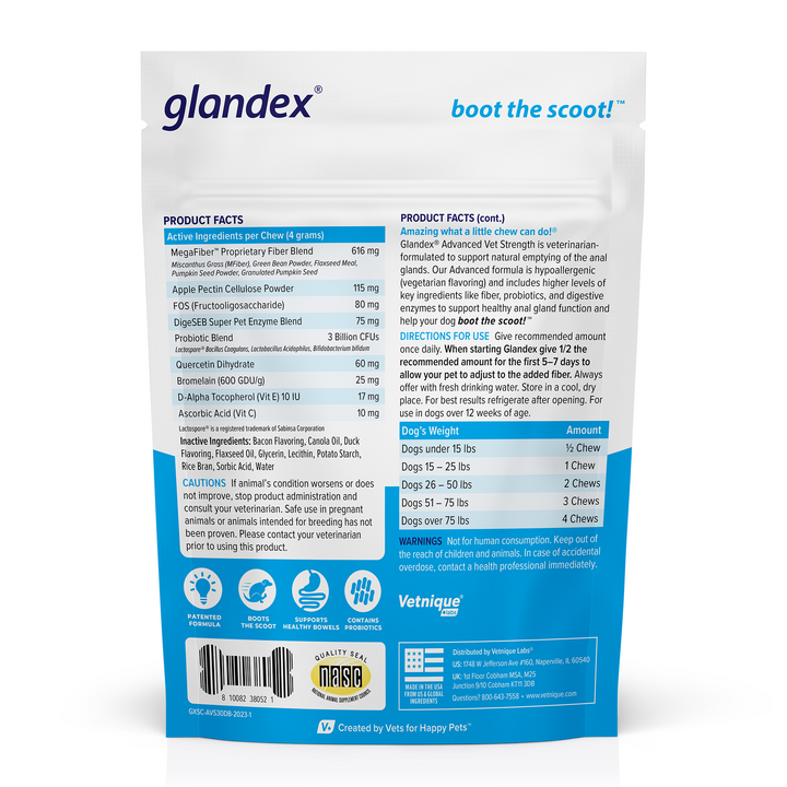 Glandex Advanced Vet Strength Anal Gland Chew 30 Count Back of Packaging