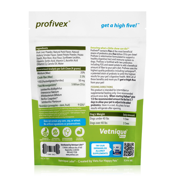Back of Packaging for Profivex® Five Strain Probiotic Soft Chew Treats for Dogs - 30 Chews